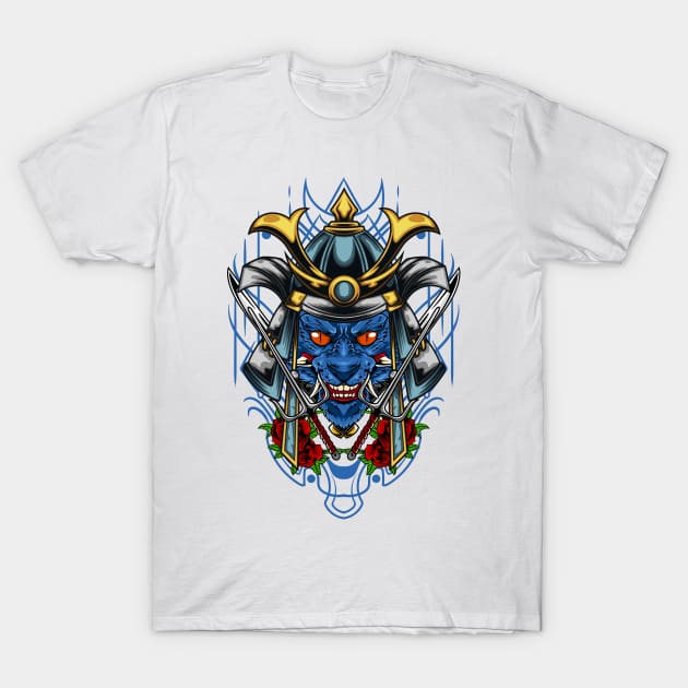 Samurai Cat - Silver Kabuto T-Shirt by Harrisaputra